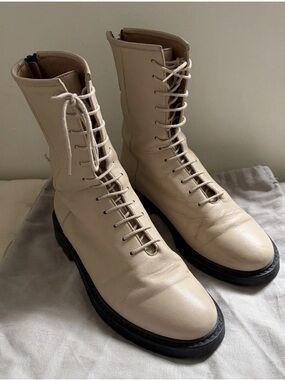 LEGRES Beige Leather Mid-Calf Lace-Up Boots Back Zip EU 37 (US 6.5/7)